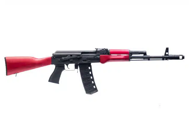 Custom AK Variant 55630 with striking red accents and high-capacity magazine for serious enthusiasts.