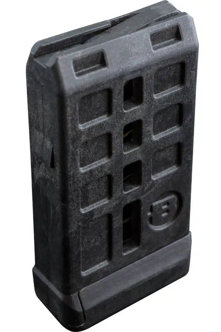 Durable polymer firearm magazine with textured grip for optimal performance and reliability.