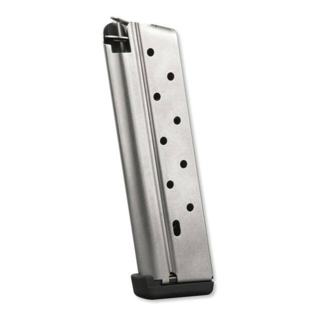Durable silver firearm magazine with viewing holes and black polymer base plate for reliable performance.