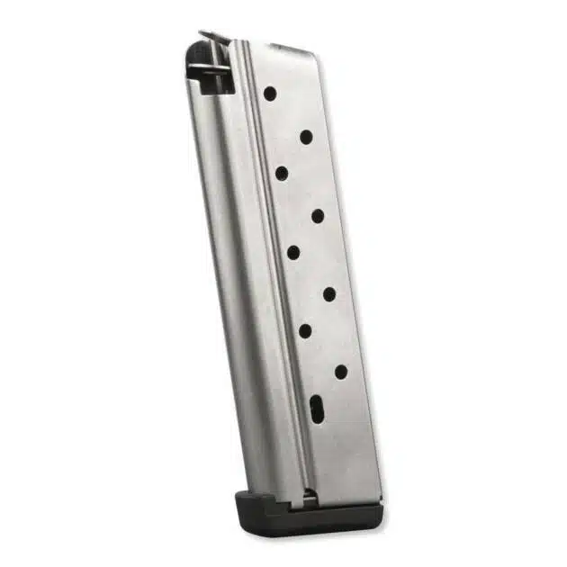 Durable silver firearm magazine with viewing holes and black polymer base plate for reliable performance.