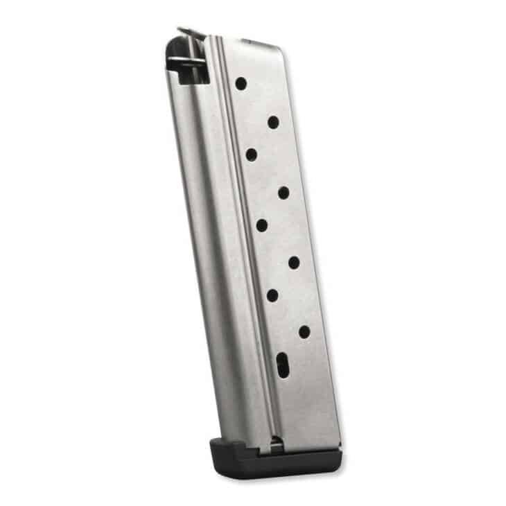 Durable silver firearm magazine with viewing holes and black polymer base plate for reliable performance.