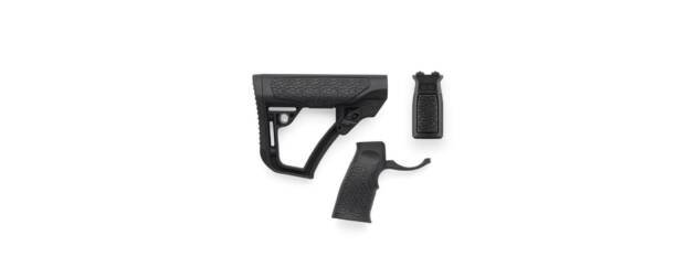 Ergonomic rifle stock and vertical grip for enhanced control and comfort in shooting.