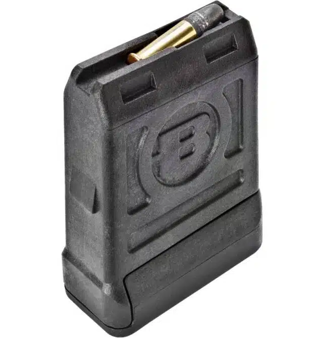 Durable black polymer single stack magazine BMRMAG1112-1 for efficient ammunition storage.