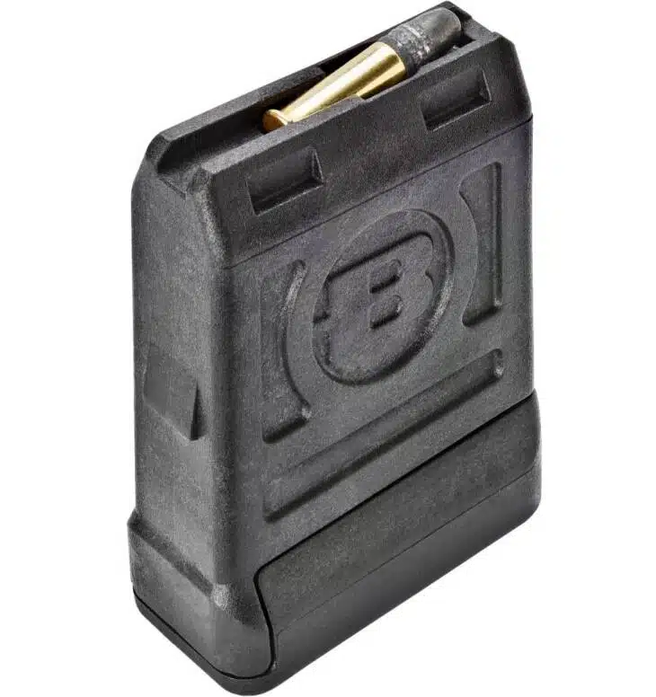 Durable matte black polymer magazine BMRMAG1112 with brass cartridge for reliable firearm performance.