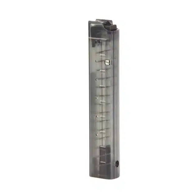 Translucent gray firearm magazine for quick ammo visibility and reliable performance in tactical shooting.