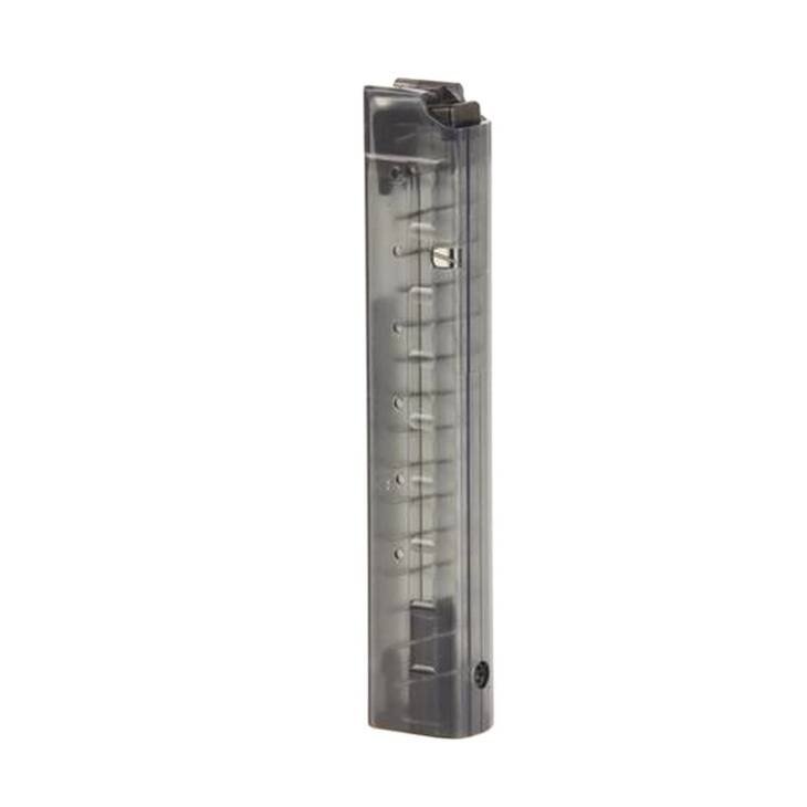 Translucent gray firearm magazine for quick ammo visibility and reliable performance in tactical shooting.