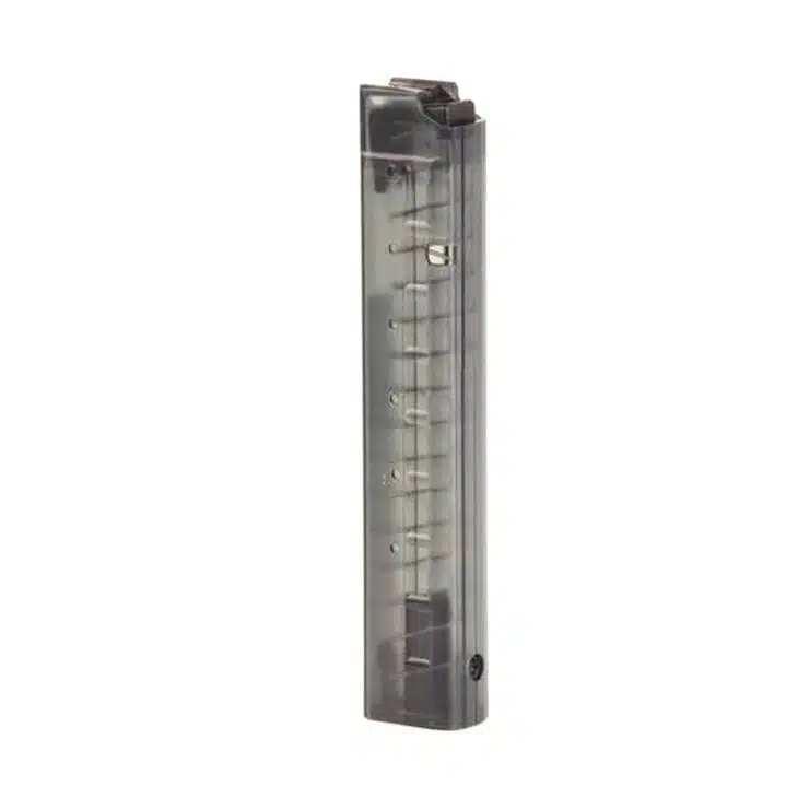 Translucent gray firearm magazine for quick ammo visibility and reliable performance in tactical shooting.