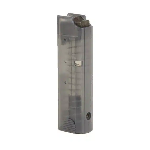 Durable transparent handgun magazine for quick ammo visibility and seamless loading in firearms.