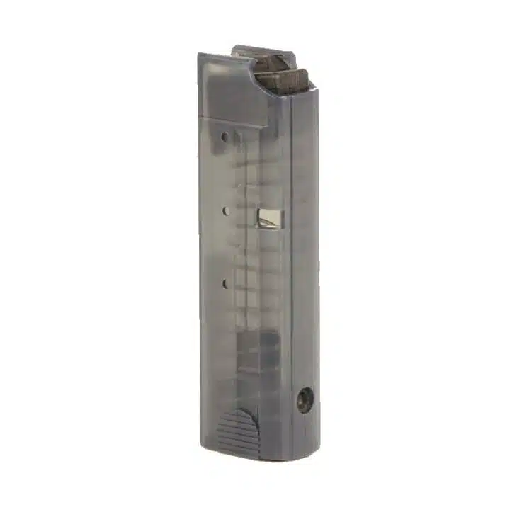 Durable transparent handgun magazine for quick ammo visibility and seamless loading in firearms.