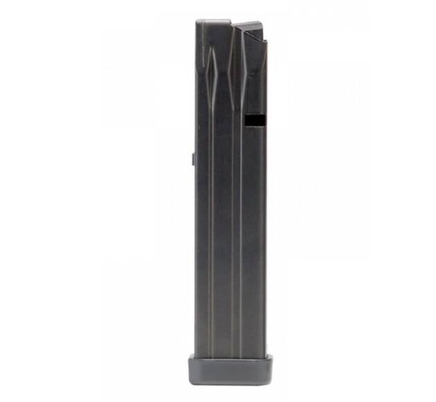 Sleek black firearm magazine with efficient feeding design for reliable performance and quick reloads.