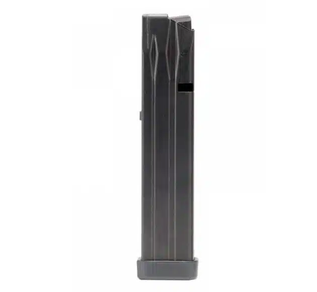 Sleek black firearm magazine with efficient feeding design for reliable performance and quick reloads.