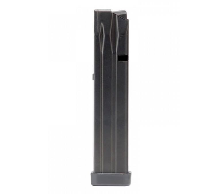 Sleek black firearm magazine with efficient feeding design for reliable performance and quick reloads.