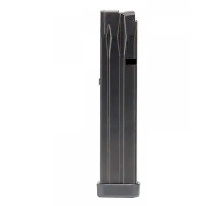 Sleek black firearm magazine with efficient feeding design for reliable performance and quick reloads.