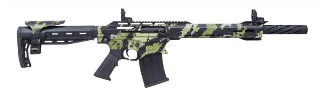 Camouflage AR-15 style rifle with adjustable stock and tactical rails for versatility in outdoor environments.