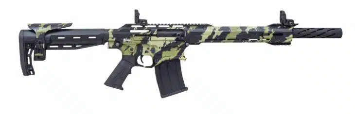 Camouflage AR-15 style rifle with adjustable stock and tactical rails for versatility in outdoor environments.