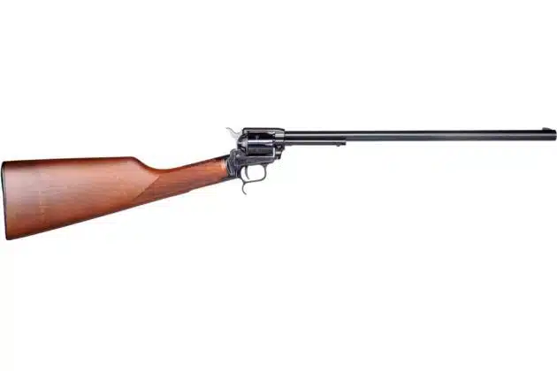 Sleek precision rifle featuring polished wood stock and durable steel barrel for target shooting.