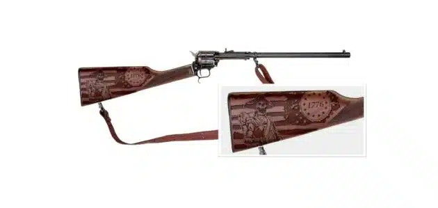 Elegant lever-action rifle with carved wood stock and leather sling, perfect for collectors.