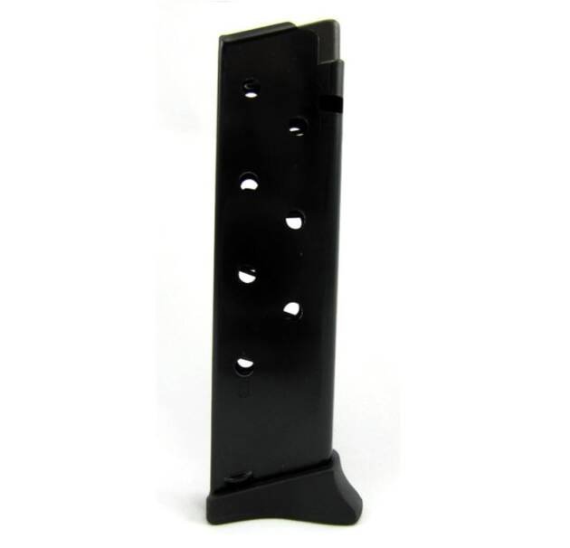 Durable black 380 pistol magazine with ergonomic design and clear round-count visibility.