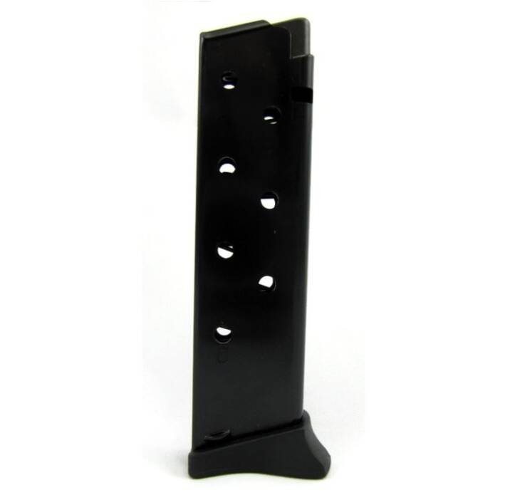 Durable black 380 pistol magazine with ergonomic design and clear round-count visibility.