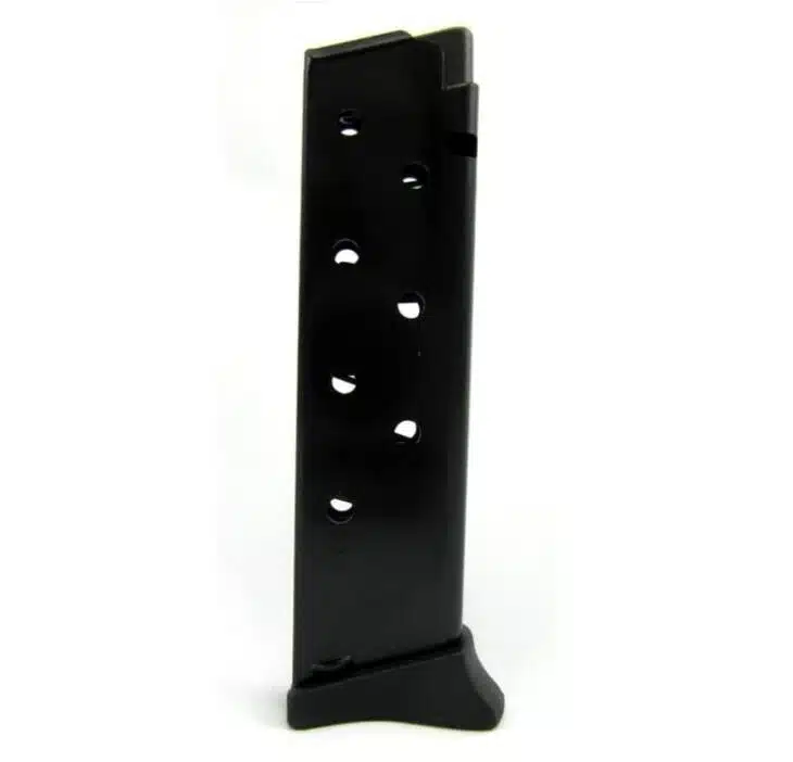 Durable black 380 pistol magazine with ergonomic design and clear round-count visibility.