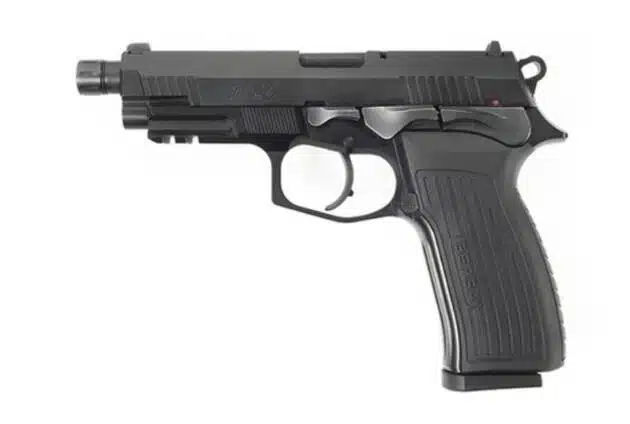 Sleek tactical handgun with ergonomic grip, flash suppressor, and advanced safety features for reliable performance.