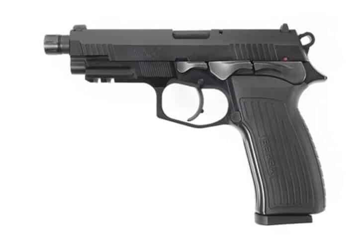 Sleek tactical handgun with ergonomic grip, flash suppressor, and advanced safety features for reliable performance.