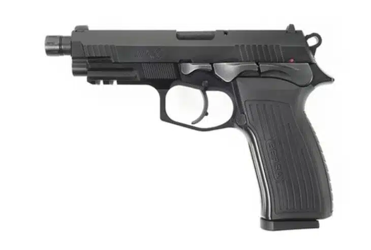 Sleek tactical handgun with ergonomic grip, flash suppressor, and advanced safety features for reliable performance.