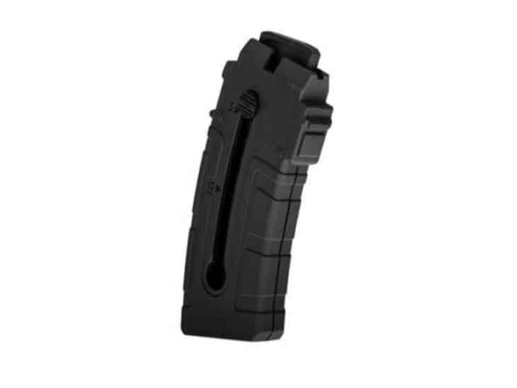 Durable black polymer magazine with clear ammo window for efficient, reliable firearm performance.