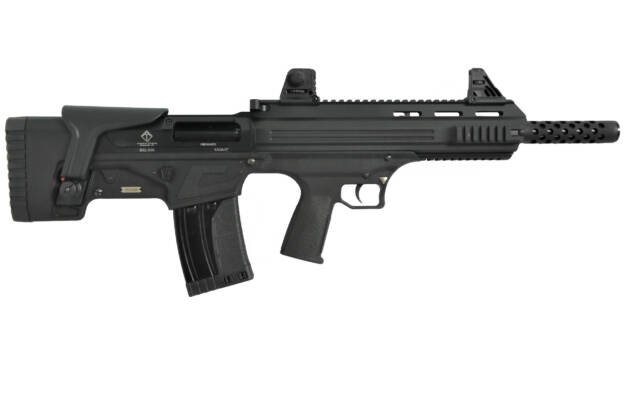 Sleek matte black tactical firearm with adjustable stock and versatile accessory rail system.