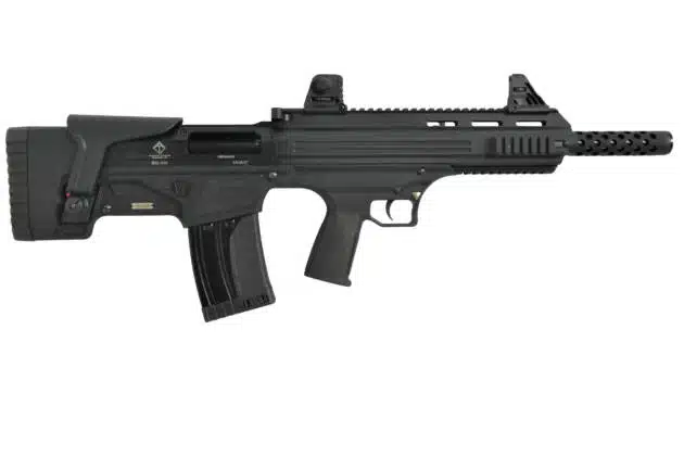 Sleek matte black tactical firearm with adjustable stock and versatile accessory rail system.