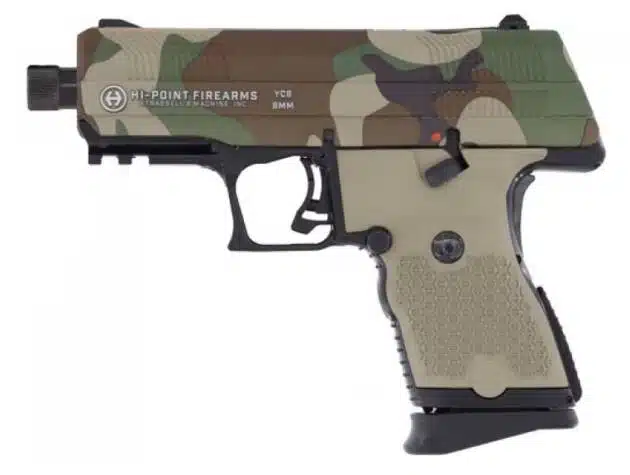 Tactical tan semi-automatic pistol with camouflage slide, textured grip, and threaded barrel for attachments.