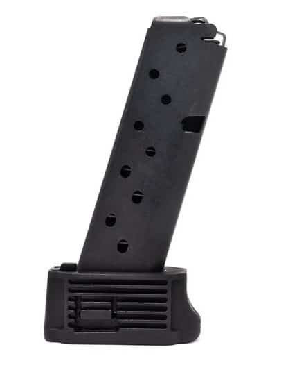 Durable black 10-round magazine for semiautomatic handguns, designed for reliability and easy handling.