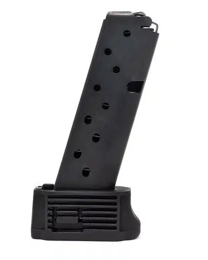 Durable black 10-round magazine for semiautomatic handguns, designed for reliability and easy handling.