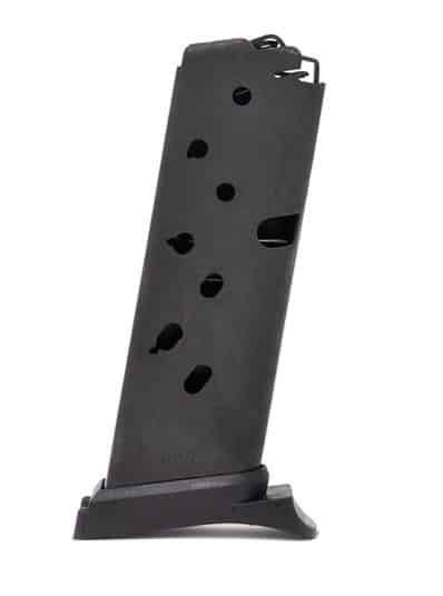 Durable high-capacity handgun magazine with ergonomic design and weight-reducing inspection holes.
