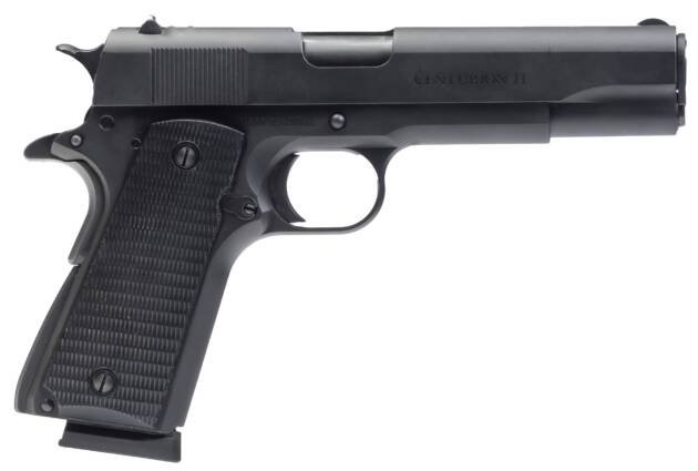 Compact 1911-style handgun with tactical finish and textured grips for enhanced handling and performance.