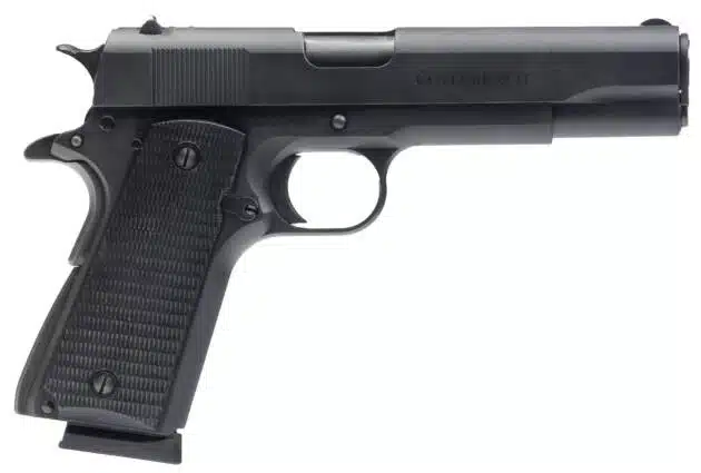 Compact 1911-style handgun with tactical finish and textured grips for enhanced handling and performance.