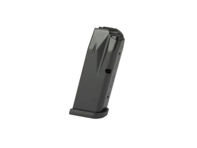 Curved black firearm magazine with window for easy round count tracking and enhanced grip.