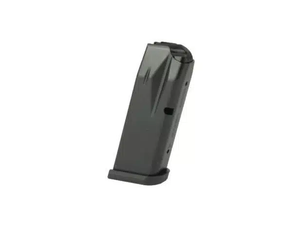 Curved black firearm magazine with window for easy round count tracking and enhanced grip.