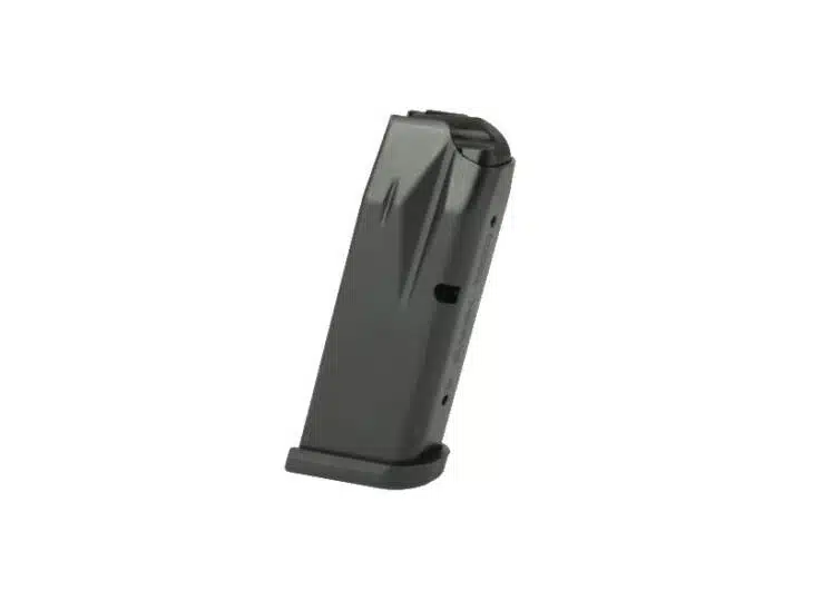 Curved black firearm magazine with window for easy round count tracking and enhanced grip.