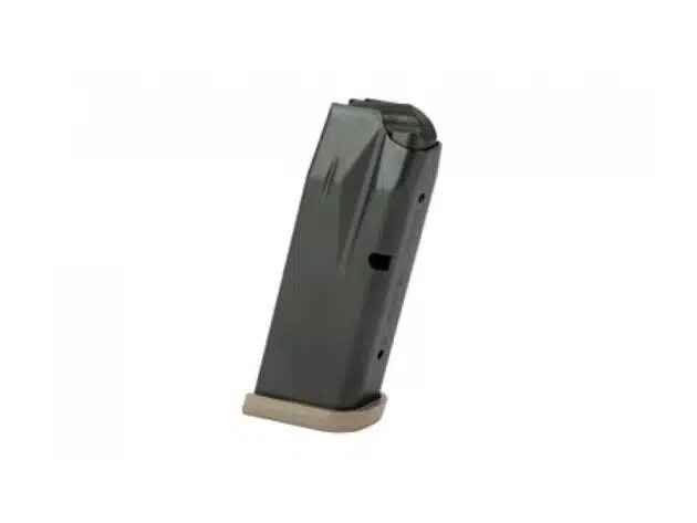 Ergonomic metallic gray firearm magazine with loading windows for quick round visibility.