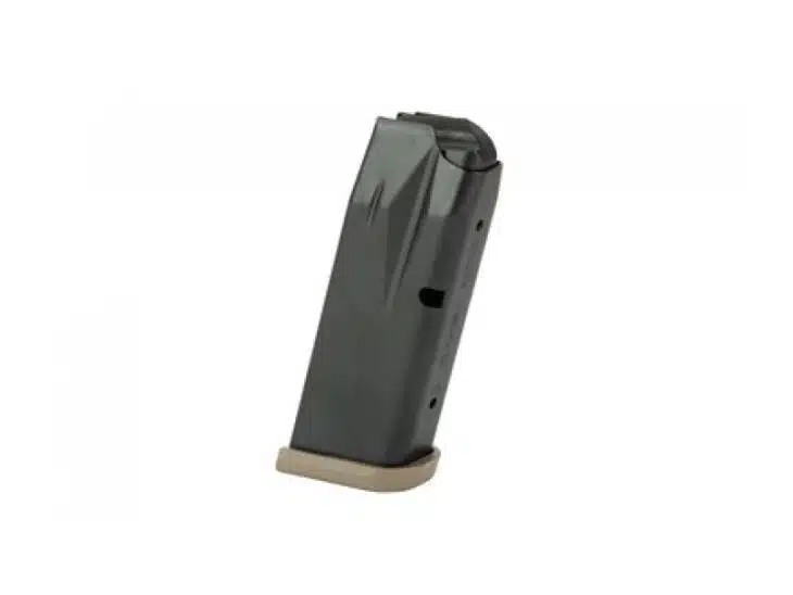 Ergonomic metallic gray firearm magazine with loading windows for quick round visibility.