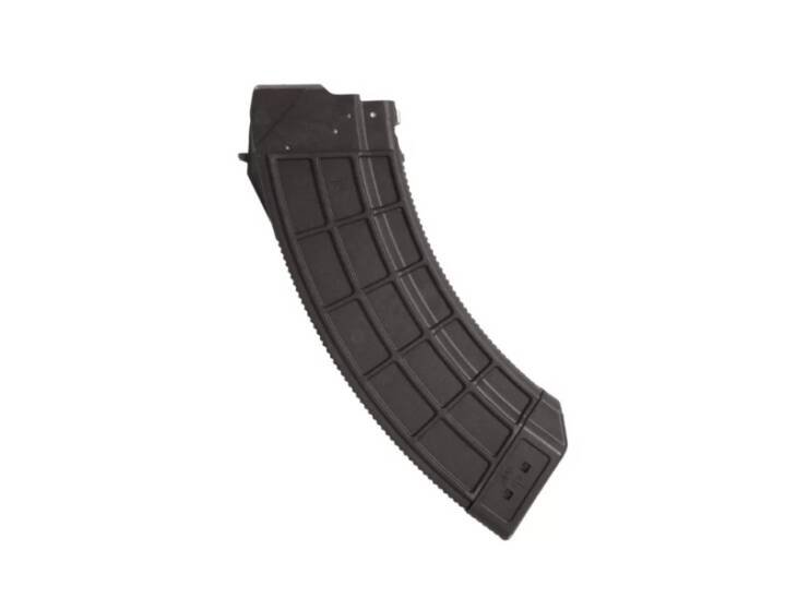 Curved black polymer magazine for firearms, featuring enhanced grip and reliable ammunition feeding.