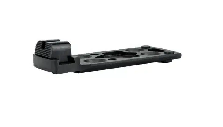 Black rectangular mounting plate for optics with secure locking and flexible installation options.