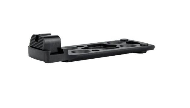 Durable black mounting plate for secure attachment of accessories in outdoor, tactical, and photography use.