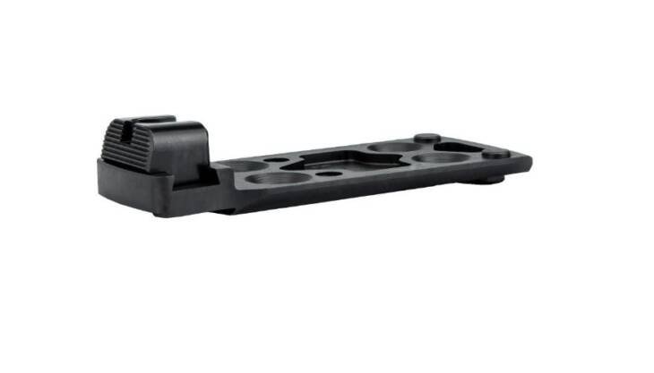 Durable black mounting plate for secure attachment of accessories in outdoor, tactical, and photography use.