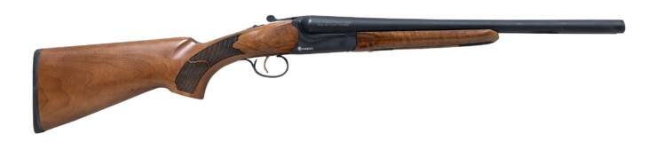 Classic double-barreled shotgun with polished wood stock and sleek steel barrels, perfect for hunting.