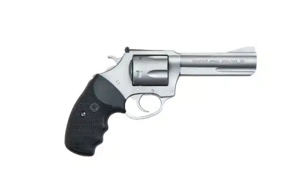 Sleek silver revolver with textured grip, blending modern design and traditional craftsmanship.