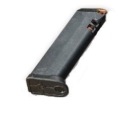 Durable polymer firearm magazine with brass rounds for reliable tactical and recreational shooting.