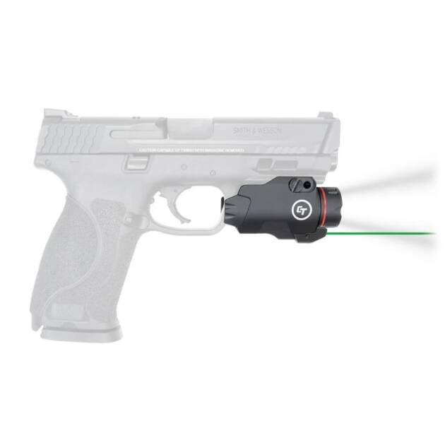 Tactical semi-automatic pistol with durable light and green laser for improved visibility and targeting.