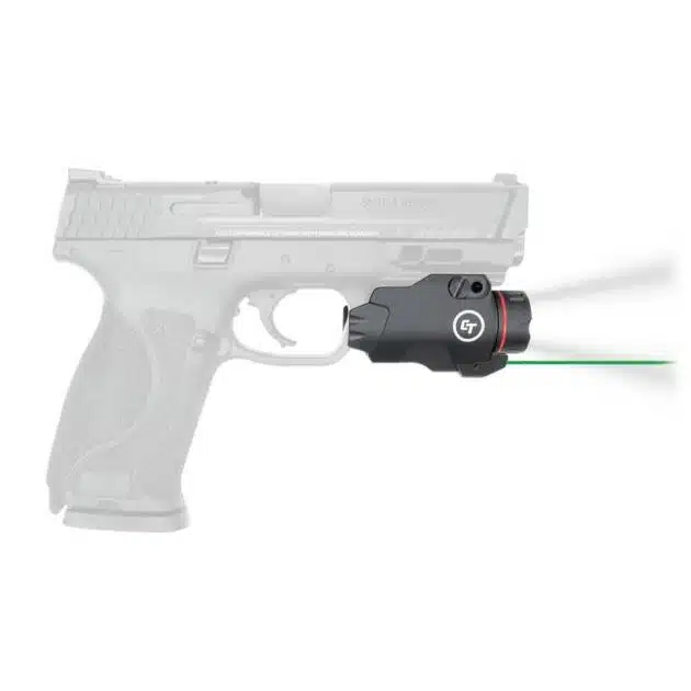 Tactical semi-automatic pistol with durable light and green laser for improved visibility and targeting.
